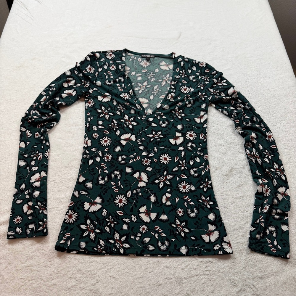 Express Floral Long Sleeve V-Neck Top Womens XS Teal Green Good Stretch Knit